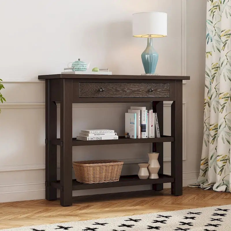 36 Farmhouse Solid Wood Console Table with Drawers and 2 Shelves