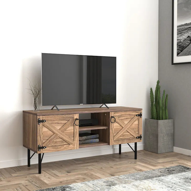 Meuble TV moderne avec 2 portes de rangement, meuble de salon