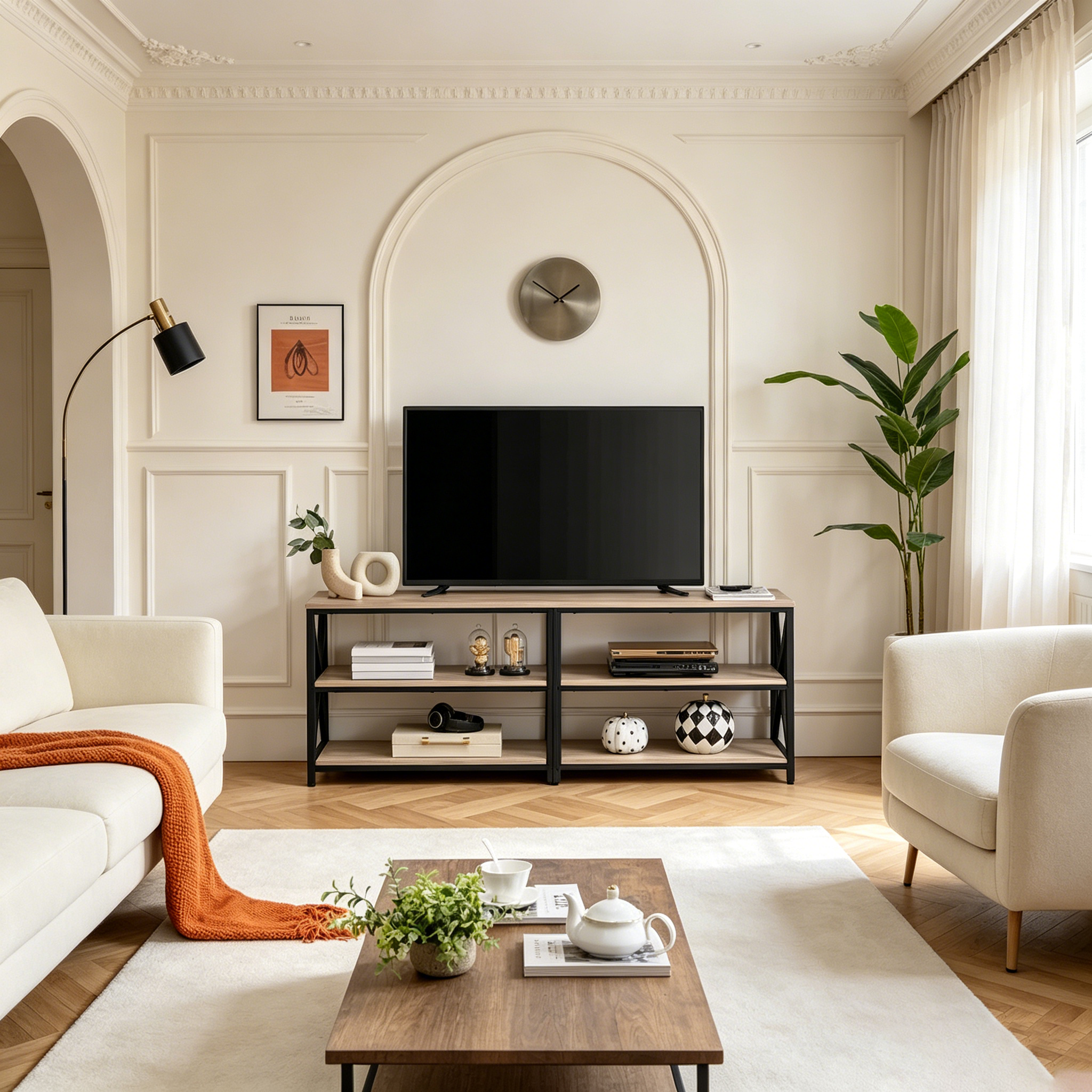 Meuble TV console vintage en bois à 3 niveaux pour téléviseurs jusqu'à 70 pouces