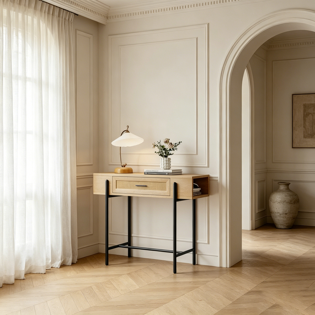 Console, Table d'entrée en rotin avec tiroir de rangement