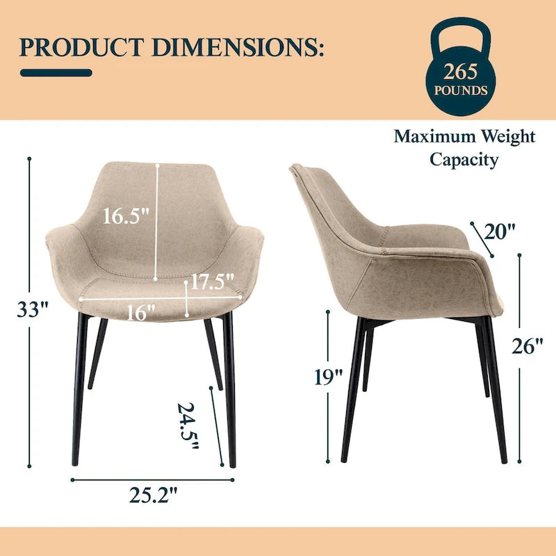 Fauteuil de salle à manger avec pieds en métal - 24,5Px25,2Lx33H
