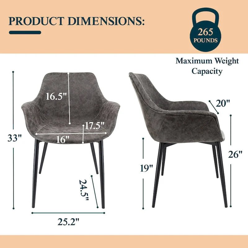 Fauteuil de salle à manger avec pieds en métal - 24,5Px25,2Lx33H