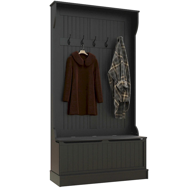 Meuble d'entrée 3-en-1 avec banc de rangement, porte-manteau à quatre crochets et rangement à chaussures, noir