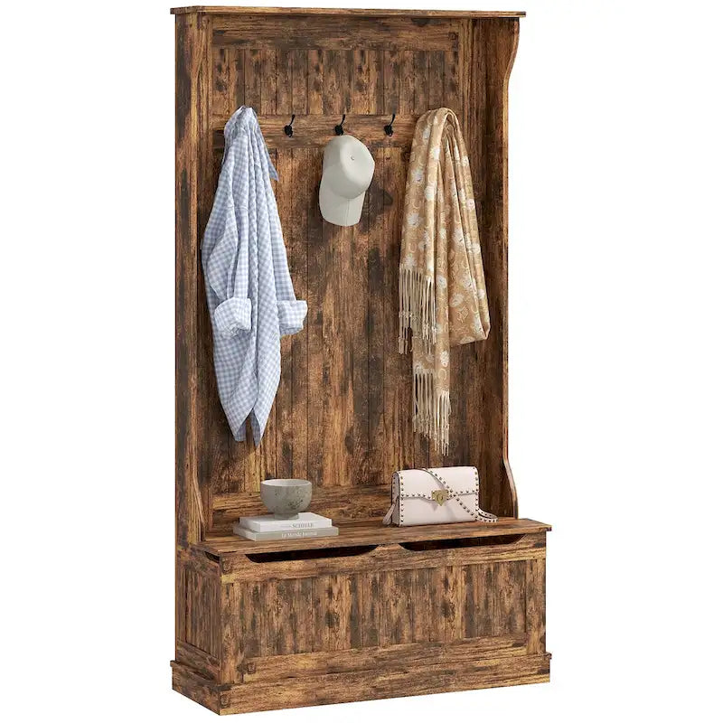 Meuble d'entrée 3-en-1 avec banc de rangement, porte-manteau à quatre crochets et rangement à chaussures, noir
