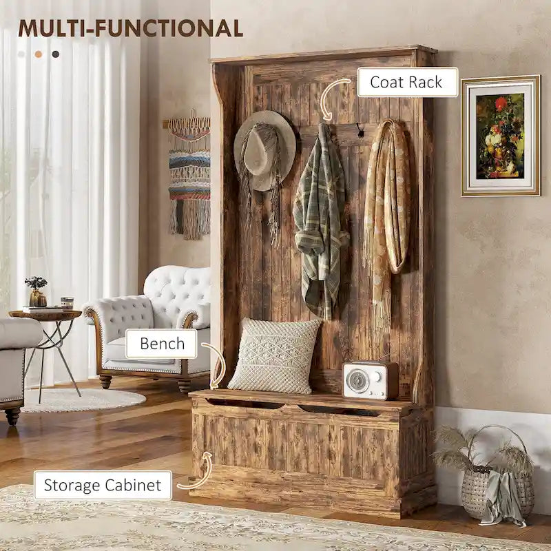Meuble d'entrée 3-en-1 avec banc de rangement, porte-manteau à quatre crochets et rangement à chaussures, noir