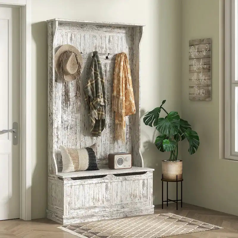 Meuble d'entrée 3-en-1 avec banc de rangement, porte-manteau à quatre crochets et rangement à chaussures, noir