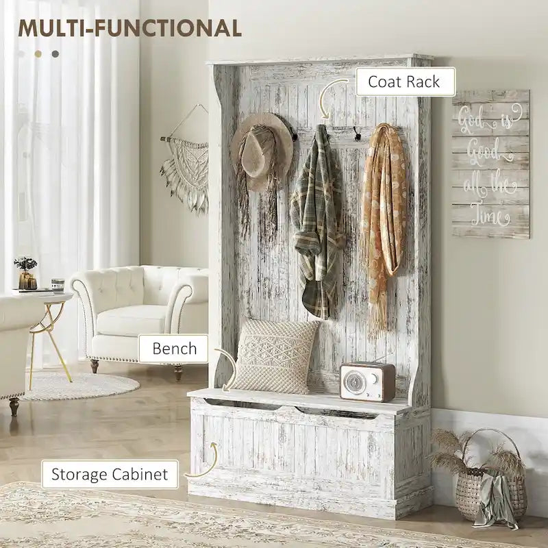 Meuble d'entrée 3-en-1 avec banc de rangement, porte-manteau à quatre crochets et rangement à chaussures, noir