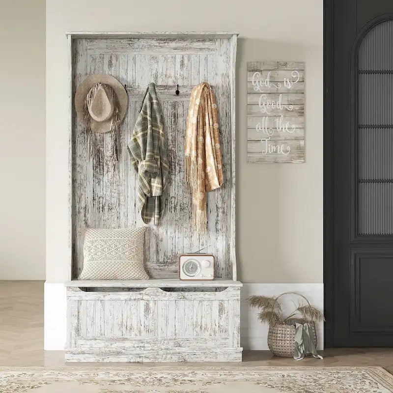 Meuble d'entrée 3-en-1 avec banc de rangement, porte-manteau à quatre crochets et rangement à chaussures, noir