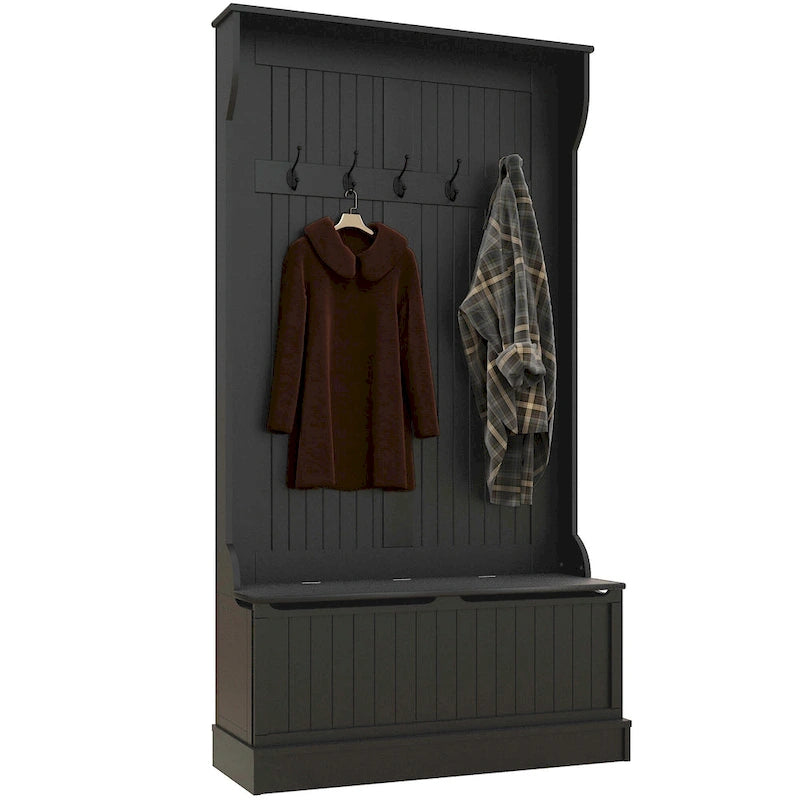 Meuble d'entrée 3-en-1 avec banc de rangement, porte-manteau à quatre crochets et rangement à chaussures, noir