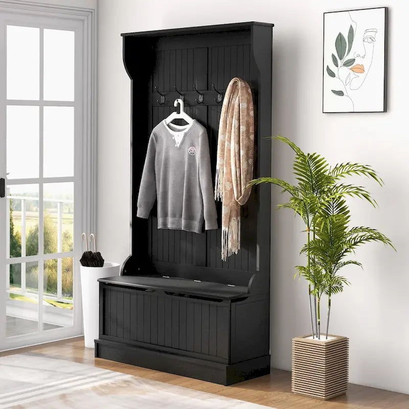 Meuble d'entrée 3-en-1 avec banc de rangement, porte-manteau à quatre crochets et rangement à chaussures, noir