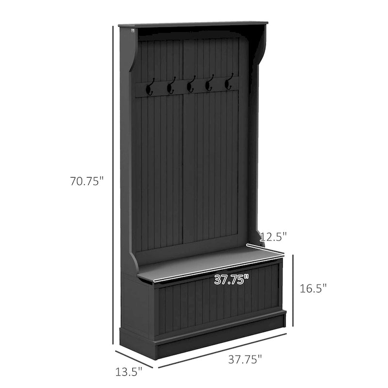 Meuble d'entrée 3-en-1 avec banc de rangement, porte-manteau à quatre crochets et rangement à chaussures, noir