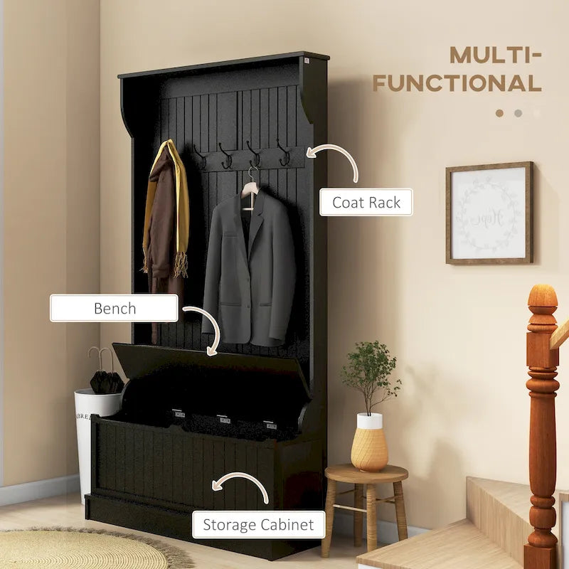 Meuble d'entrée 3-en-1 avec banc de rangement, porte-manteau à quatre crochets et rangement à chaussures, noir