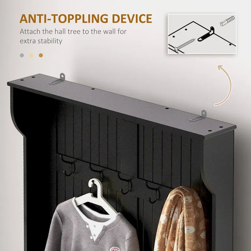 Meuble d'entrée 3-en-1 avec banc de rangement, porte-manteau à quatre crochets et rangement à chaussures, noir