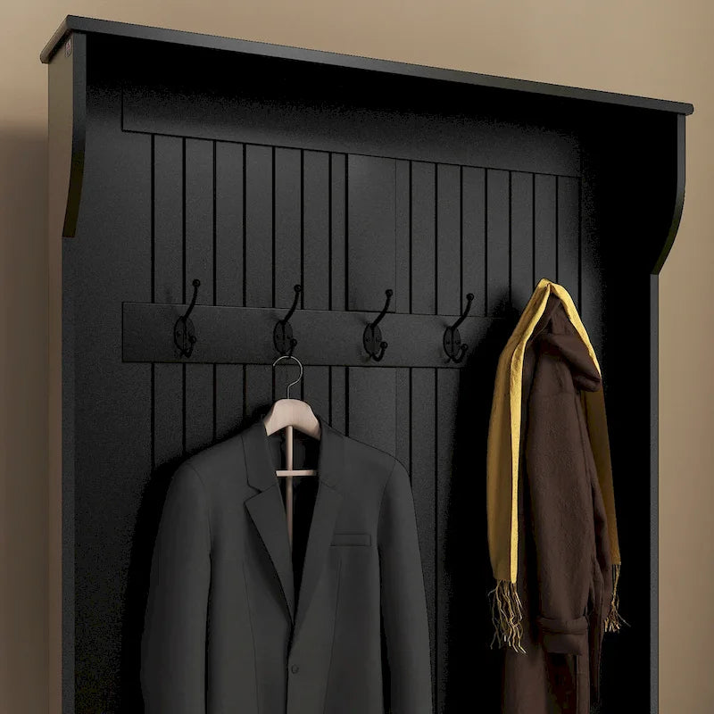Meuble d'entrée 3-en-1 avec banc de rangement, porte-manteau à quatre crochets et rangement à chaussures, noir