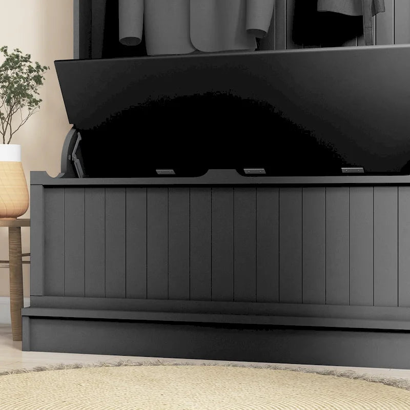 Meuble d'entrée 3-en-1 avec banc de rangement, porte-manteau à quatre crochets et rangement à chaussures, noir