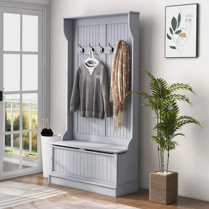 Meuble d'entrée 3-en-1 avec banc de rangement, porte-manteau à quatre crochets et rangement à chaussures, noir