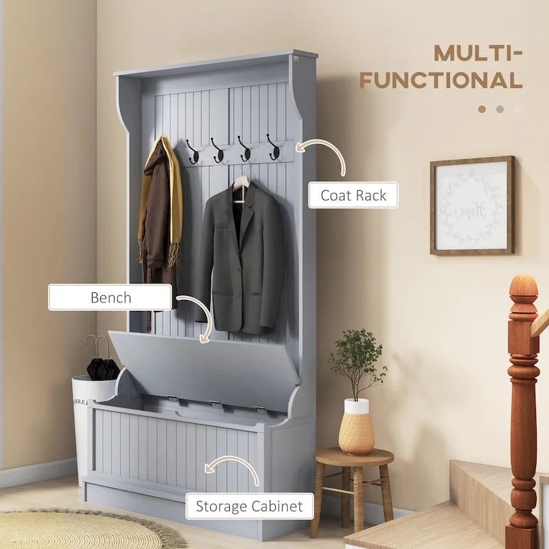 Meuble d'entrée 3-en-1 avec banc de rangement, porte-manteau à quatre crochets et rangement à chaussures, noir