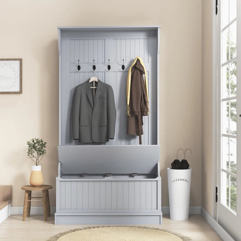 Meuble d'entrée 3-en-1 avec banc de rangement, porte-manteau à quatre crochets et rangement à chaussures, noir