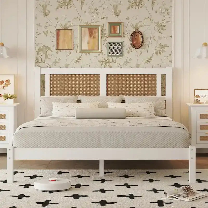 Lit plateforme Queen en bois avec tête de lit en rotin naturel, élégance exquise et charme minimaliste pour la chambre à coucher