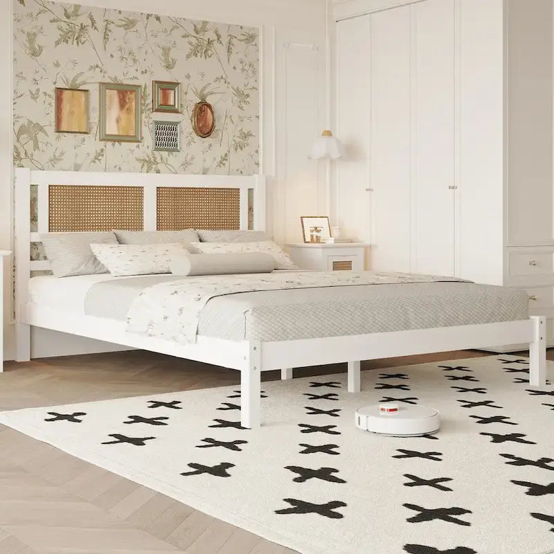 Lit plateforme Queen en bois avec tête de lit en rotin naturel, élégance exquise et charme minimaliste pour la chambre à coucher