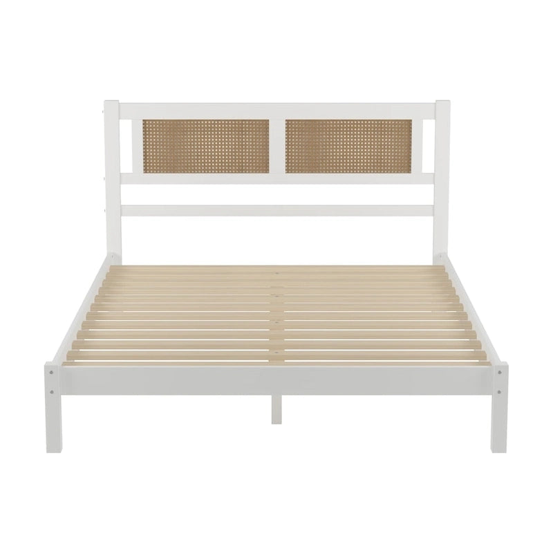 Lit plateforme Queen en bois avec tête de lit en rotin naturel, élégance exquise et charme minimaliste pour la chambre à coucher