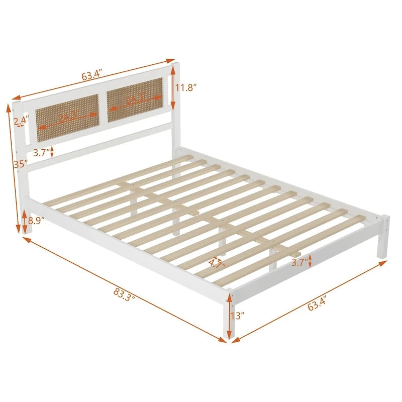 Lit plateforme Queen en bois avec tête de lit en rotin naturel, élégance exquise et charme minimaliste pour la chambre à coucher