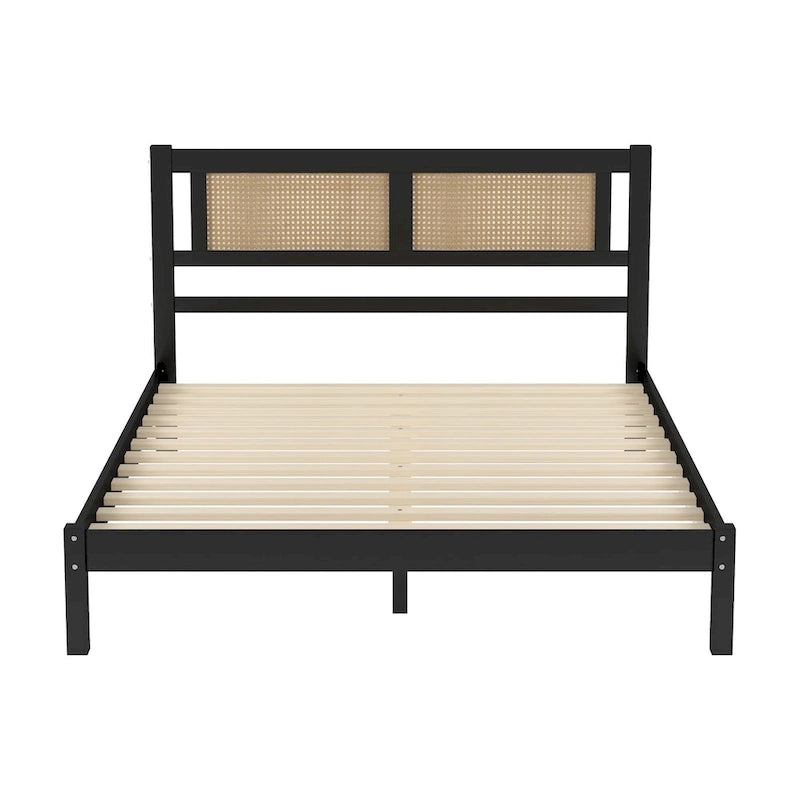 Lit plateforme Queen en bois avec tête de lit en rotin naturel, élégance exquise et charme minimaliste pour la chambre à coucher