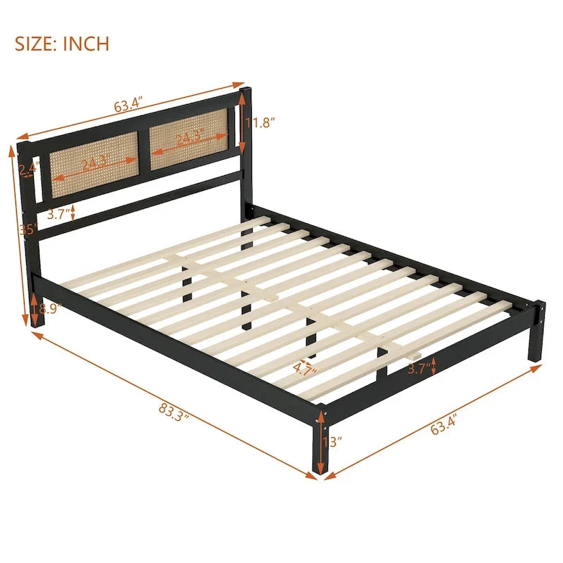 Lit plateforme Queen en bois avec tête de lit en rotin naturel, élégance exquise et charme minimaliste pour la chambre à coucher