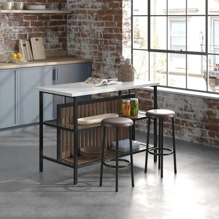 Îlot de cuisine moderne du milieu du siècle avec plateau imitation marbre, 2 tabourets et étagères