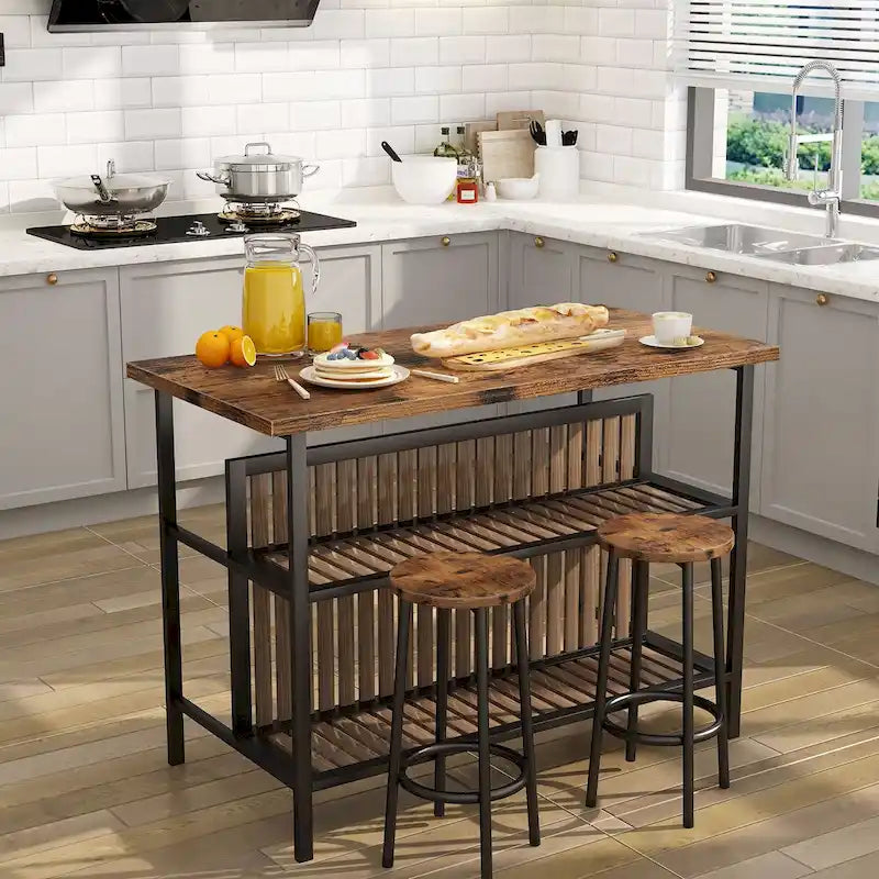 Îlot de cuisine moderne du milieu du siècle avec plateau imitation marbre, 2 tabourets et étagères