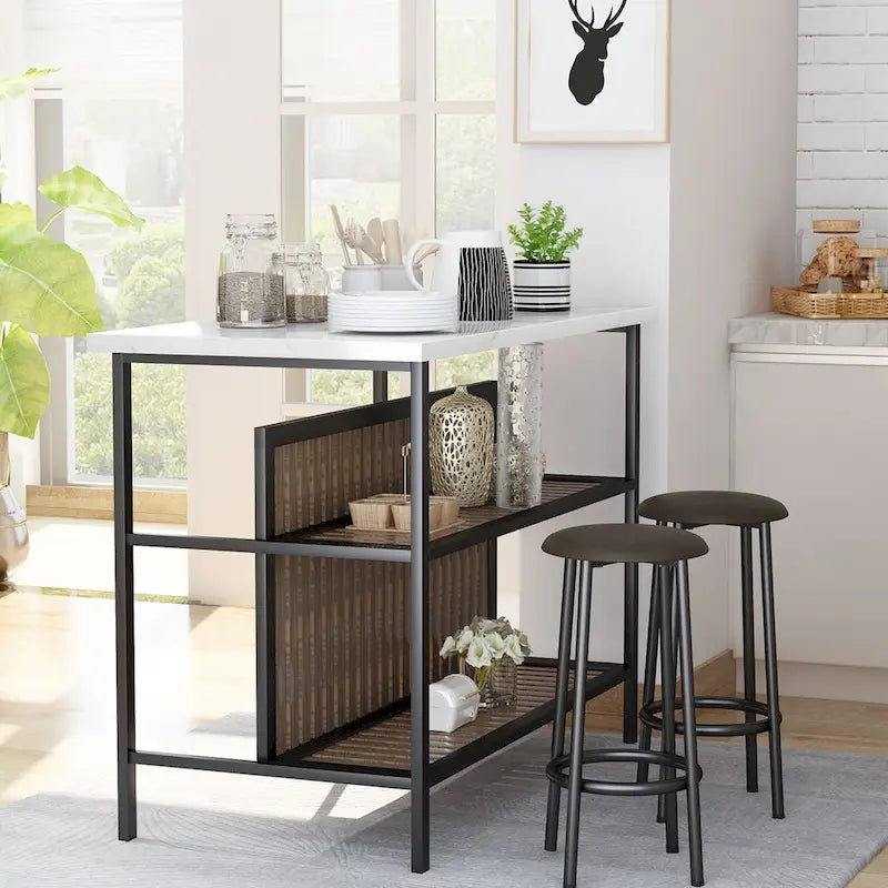 Îlot de cuisine moderne du milieu du siècle avec plateau imitation marbre, 2 tabourets et étagères