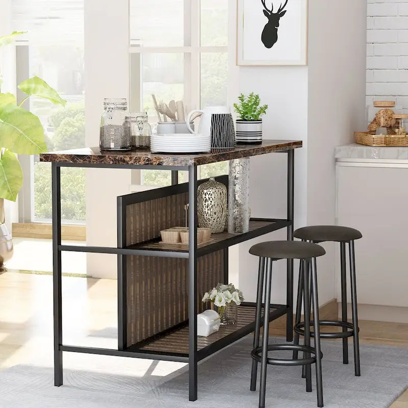Îlot de cuisine moderne du milieu du siècle avec plateau imitation marbre, 2 tabourets et étagères