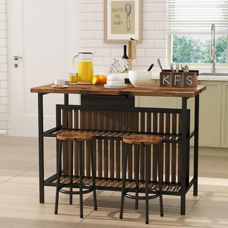 Îlot de cuisine moderne du milieu du siècle avec plateau imitation marbre, 2 tabourets et étagères