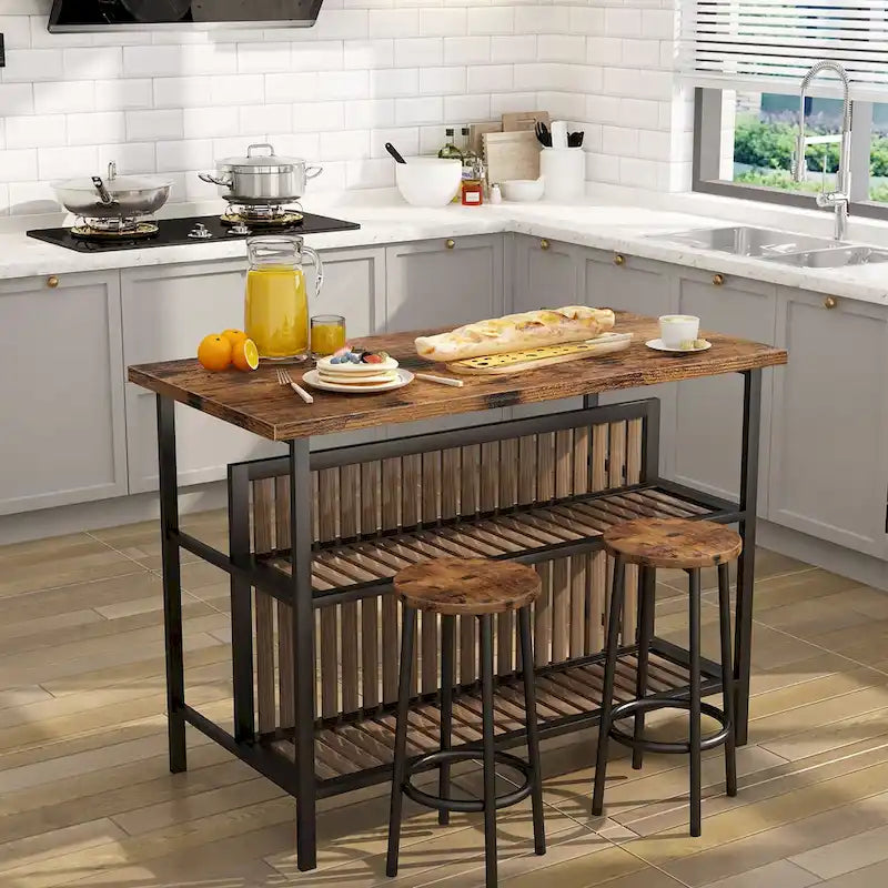 Îlot de cuisine moderne du milieu du siècle avec plateau imitation marbre, 2 tabourets et étagères
