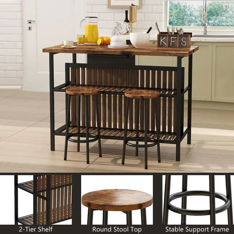 Îlot de cuisine moderne du milieu du siècle avec plateau imitation marbre, 2 tabourets et étagères