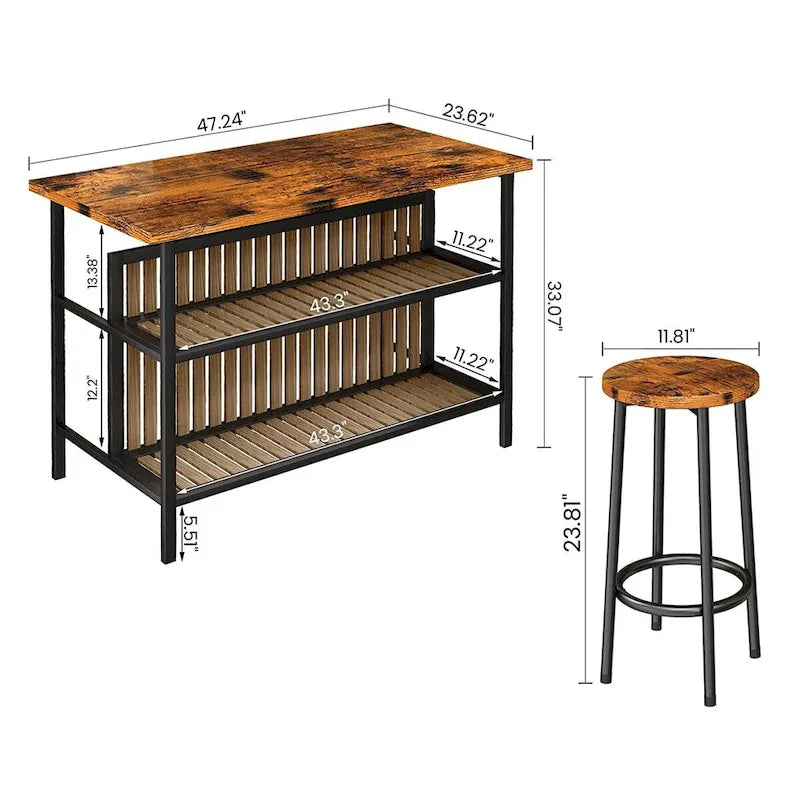 Îlot de cuisine moderne du milieu du siècle avec plateau imitation marbre, 2 tabourets et étagères