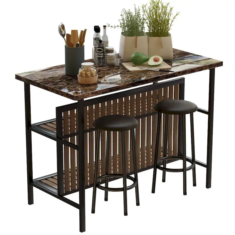Îlot de cuisine moderne du milieu du siècle avec plateau imitation marbre, 2 tabourets et étagères