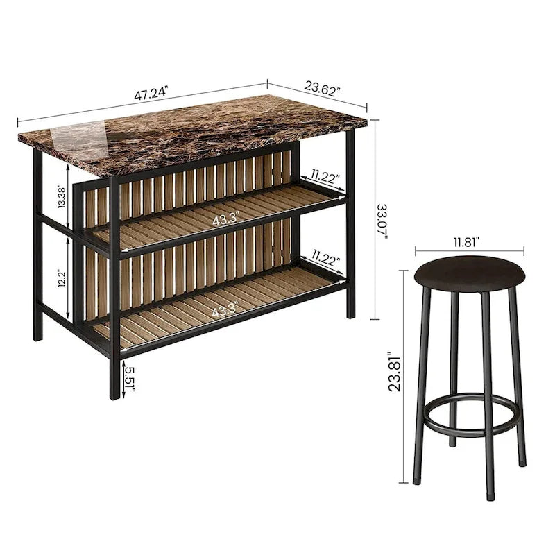 Îlot de cuisine moderne du milieu du siècle avec plateau imitation marbre, 2 tabourets et étagères