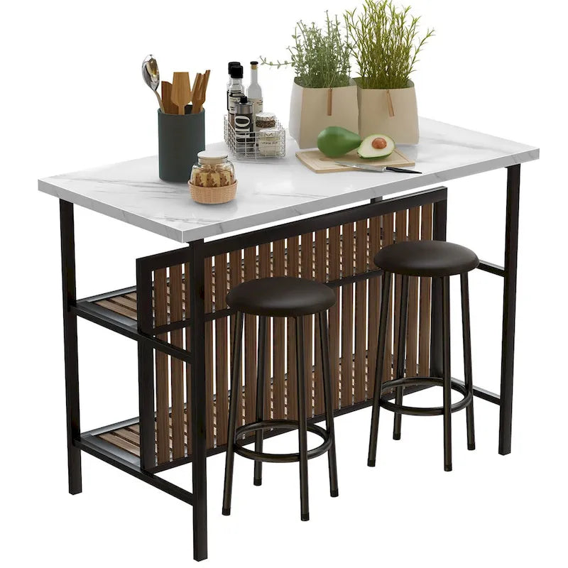 Îlot de cuisine moderne du milieu du siècle avec plateau imitation marbre, 2 tabourets et étagères