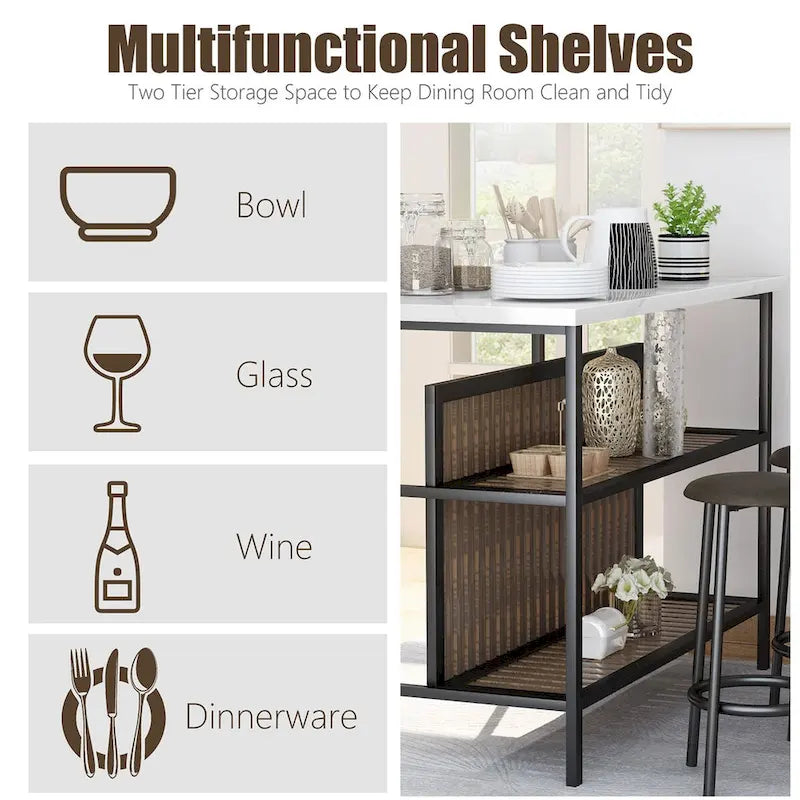 Îlot de cuisine moderne du milieu du siècle avec plateau imitation marbre, 2 tabourets et étagères