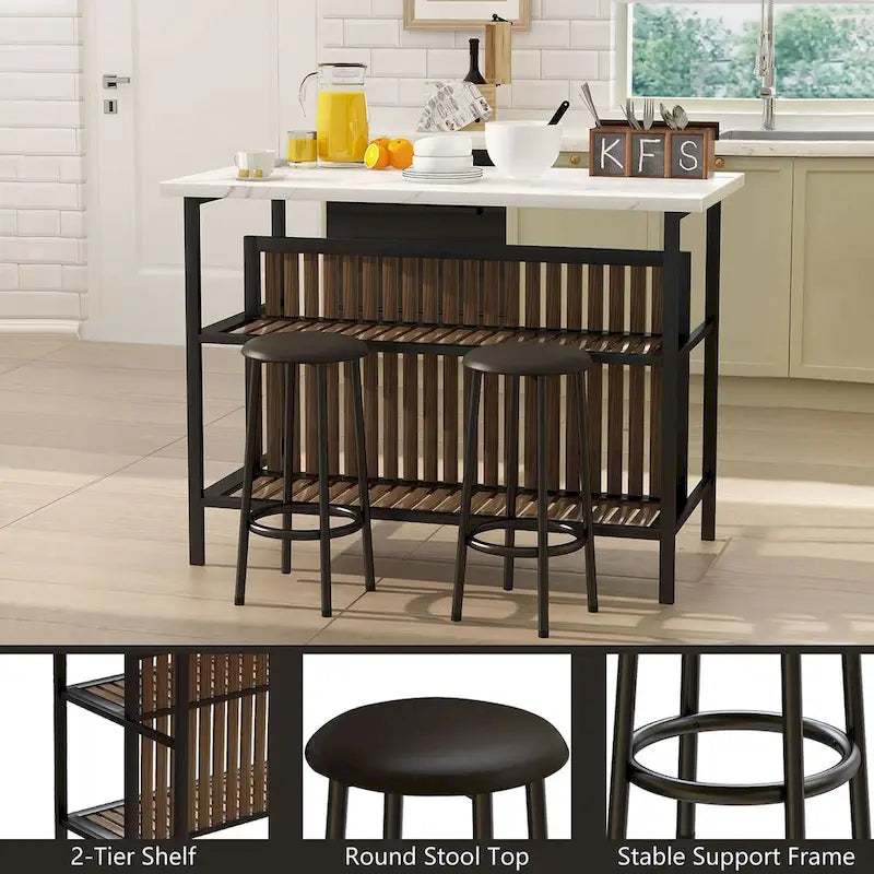 Îlot de cuisine moderne du milieu du siècle avec plateau imitation marbre, 2 tabourets et étagères