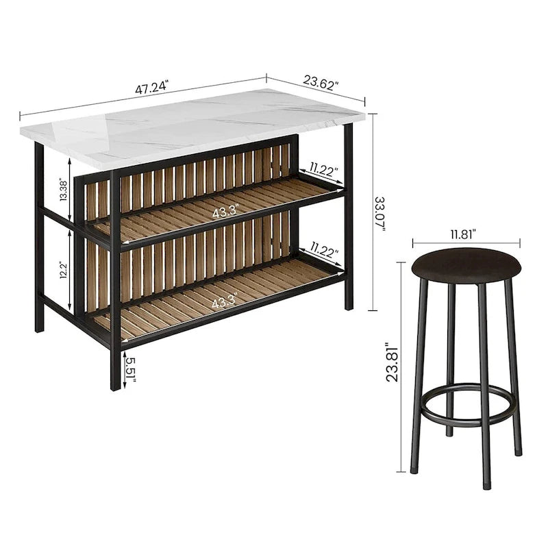 Îlot de cuisine moderne du milieu du siècle avec plateau imitation marbre, 2 tabourets et étagères
