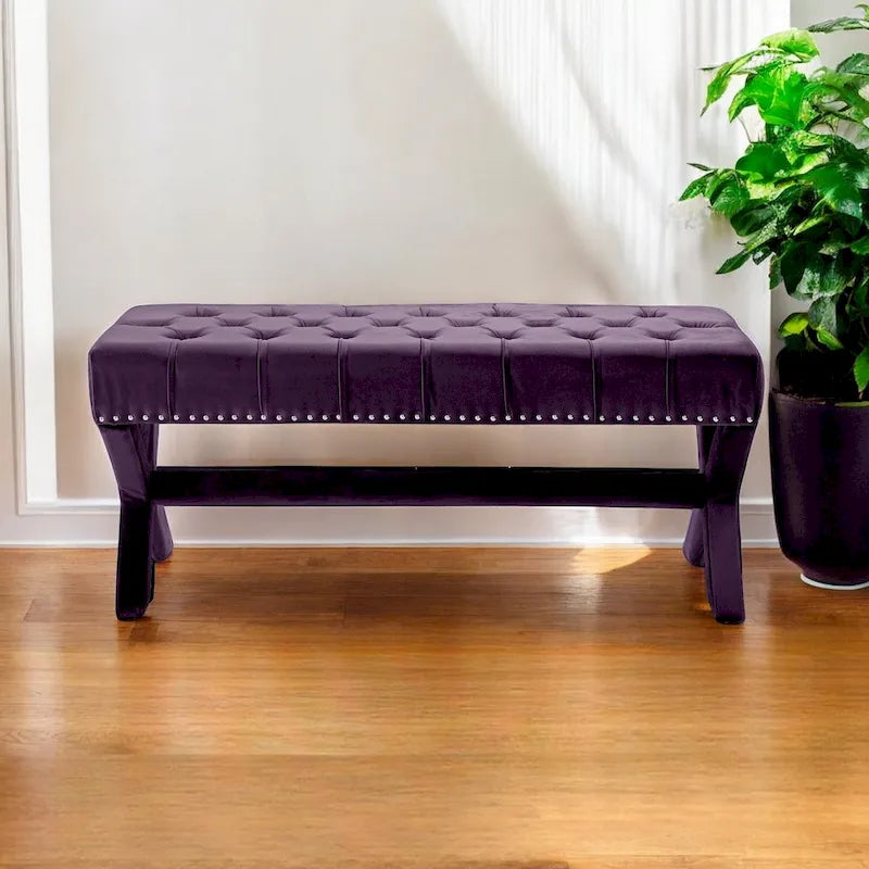 Banc rembourré en velours prune - 115 cm (L) x 50 cm (l) x 49 cm (H)