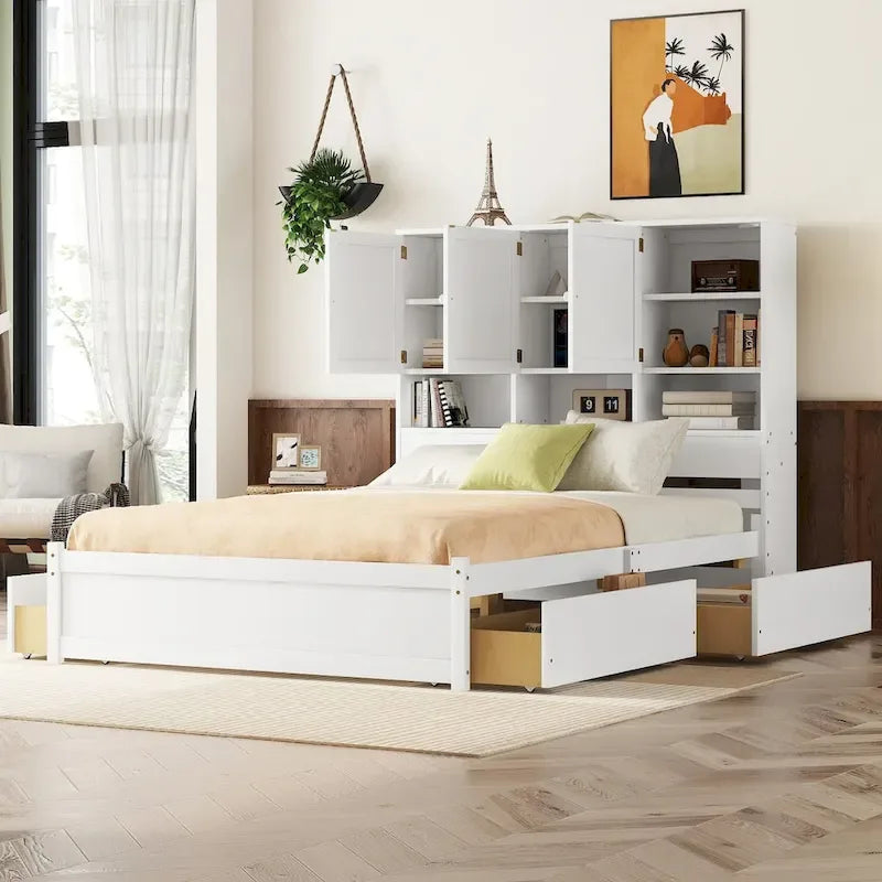 Lit plateforme Queen Size avec tête de lit de rangement et 4 tiroirs
