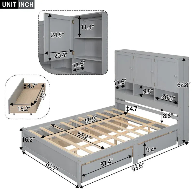 Lit plateforme Queen Size avec tête de lit de rangement et 4 tiroirs